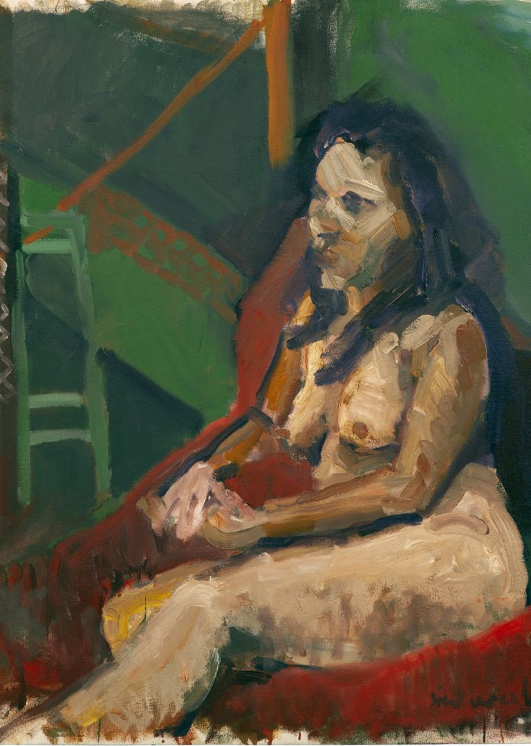 Oil Painting by contemporary artist Marek Sienkiewicz. Seated Nude c 2018 Havering atte Bower studio Oil on canvas 80 x 65 cm.