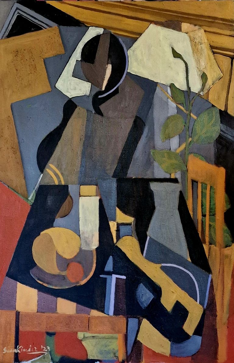 Oil Painting by Artist Marek Sienkiewicz . Oil on Canvas . Interior with Goldfish Bowl