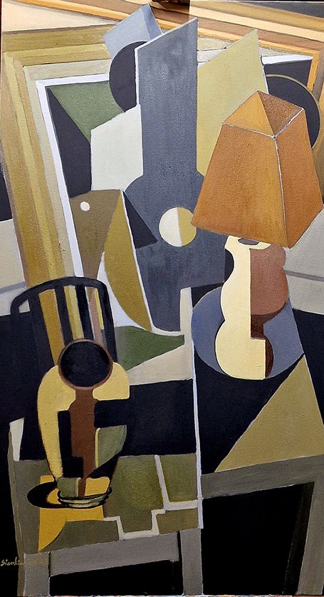 Abstract Oil Painting by Artist Marek Sienkiewicz . Oil on Canvas . Palette, Jug, Table Lamp & Shade