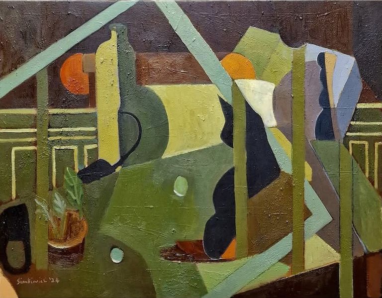 Oil Painting by Artist Marek Sienkiewicz . Oil on Canvas . Interior with Goldfish Bowl