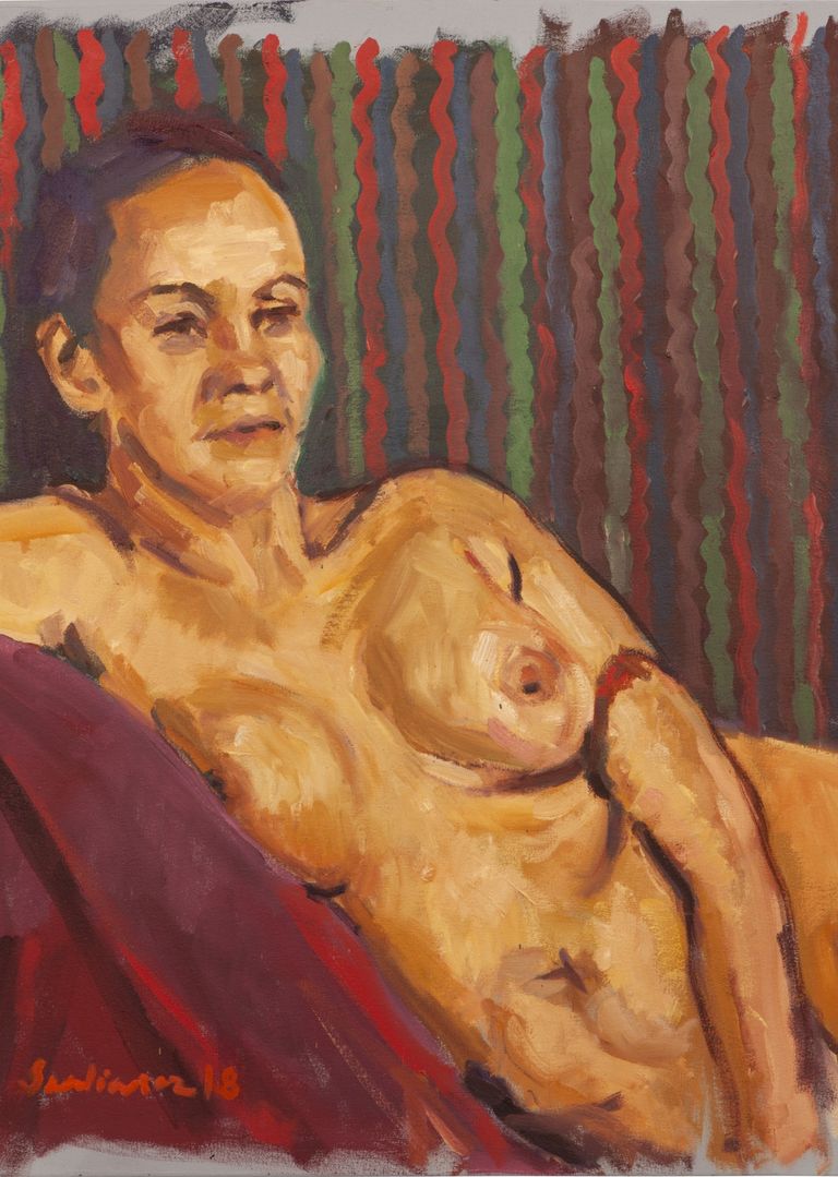 Oil Painting by contemporary artist Marek Sienkiewicz. Seated Nude Cheryl 2018 Havering atte Bower studio Oil on canvas 80 x 65 cm.