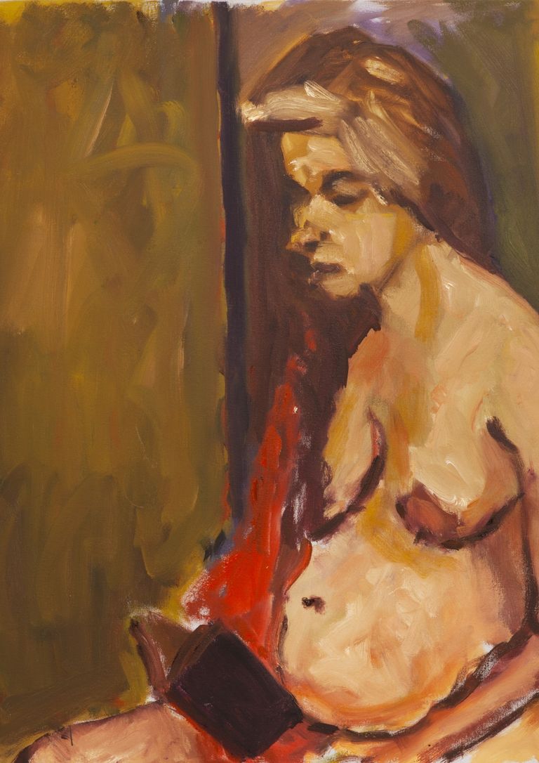 Oil Painting by Contemporarty Artist Marek Sienkiewicz  Estelle reading a book c July 2019 Havering atte Bower studio Oil on canvas 80 x 65 cm