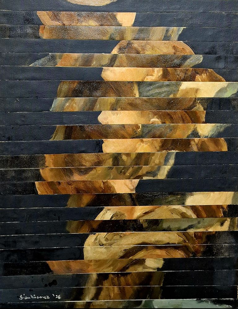 Abstract Oil Painting by Artist Marek Sienkiewicz . Oil on Canvas . Palette, Jug, Table Lamp & Shade