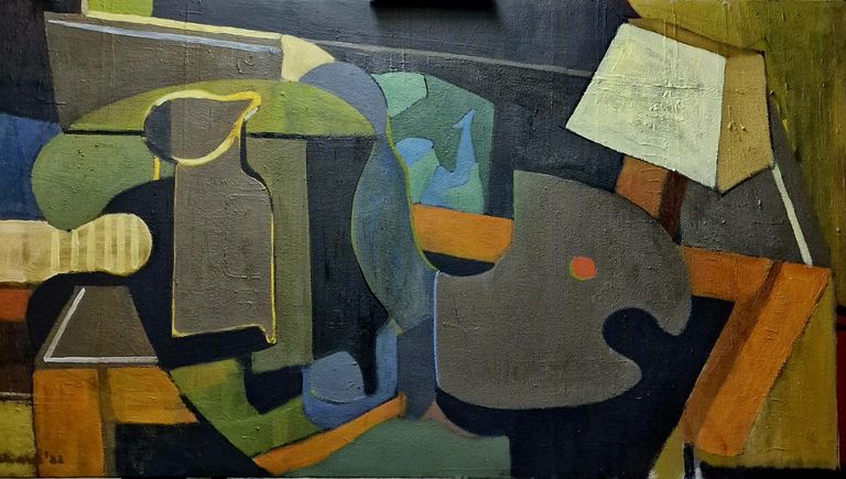 Abstract Oil Painting by Artist Marek Sienkiewicz . Oil on Canvas . Palette, Jug, Table Lamp & Shade